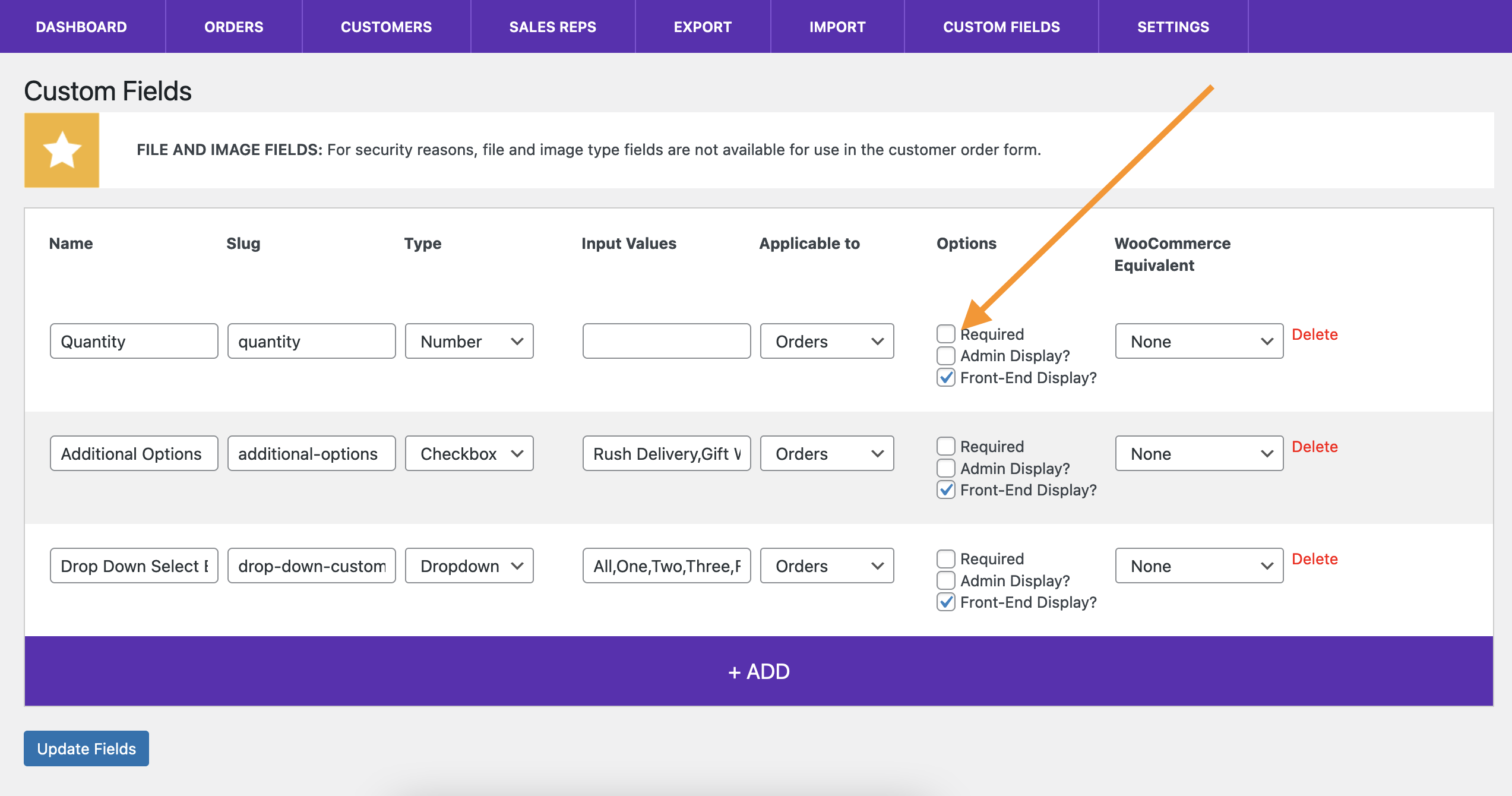 Screenshot of custom field required option