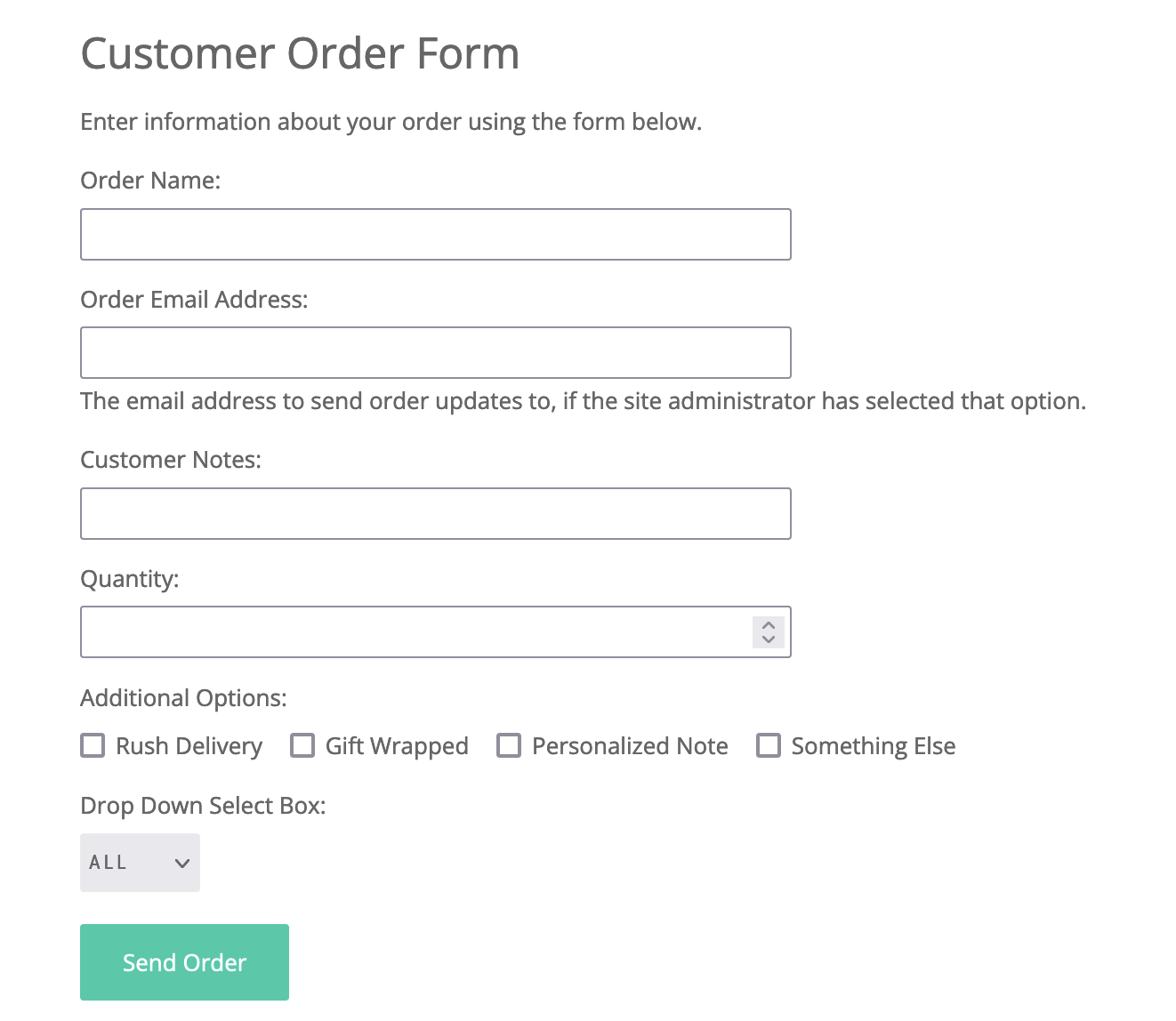 Screenshot of the front-end customer order form