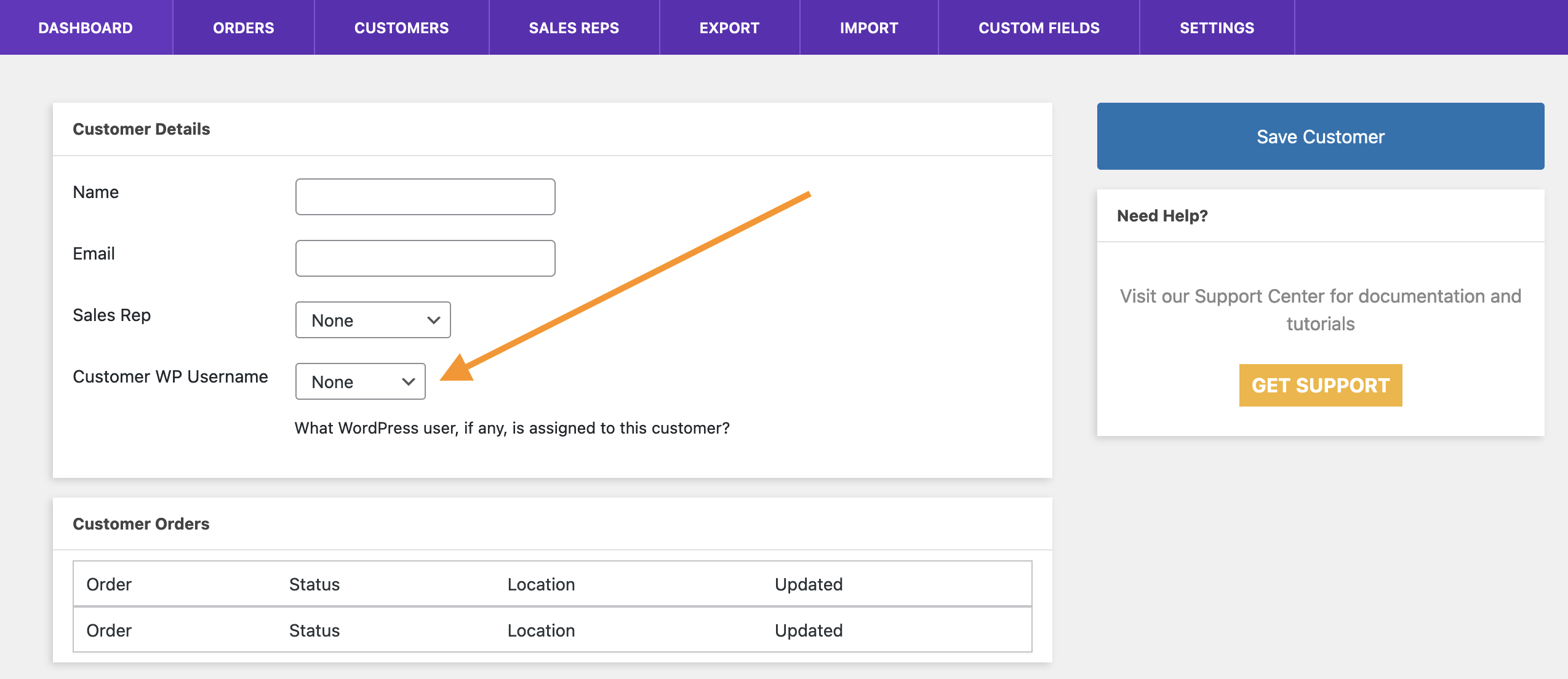 Screenshot of assigning WordPress user to customer