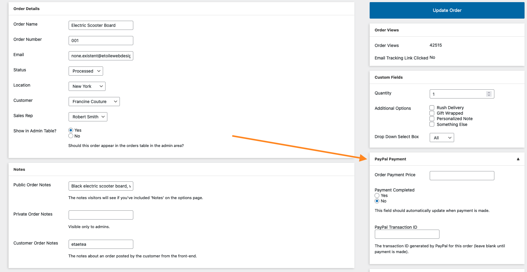 Screenshot showing the payment section on the order edit screen