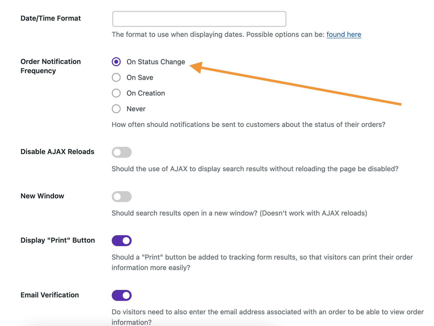 Screenshot of the order notification frequency setting