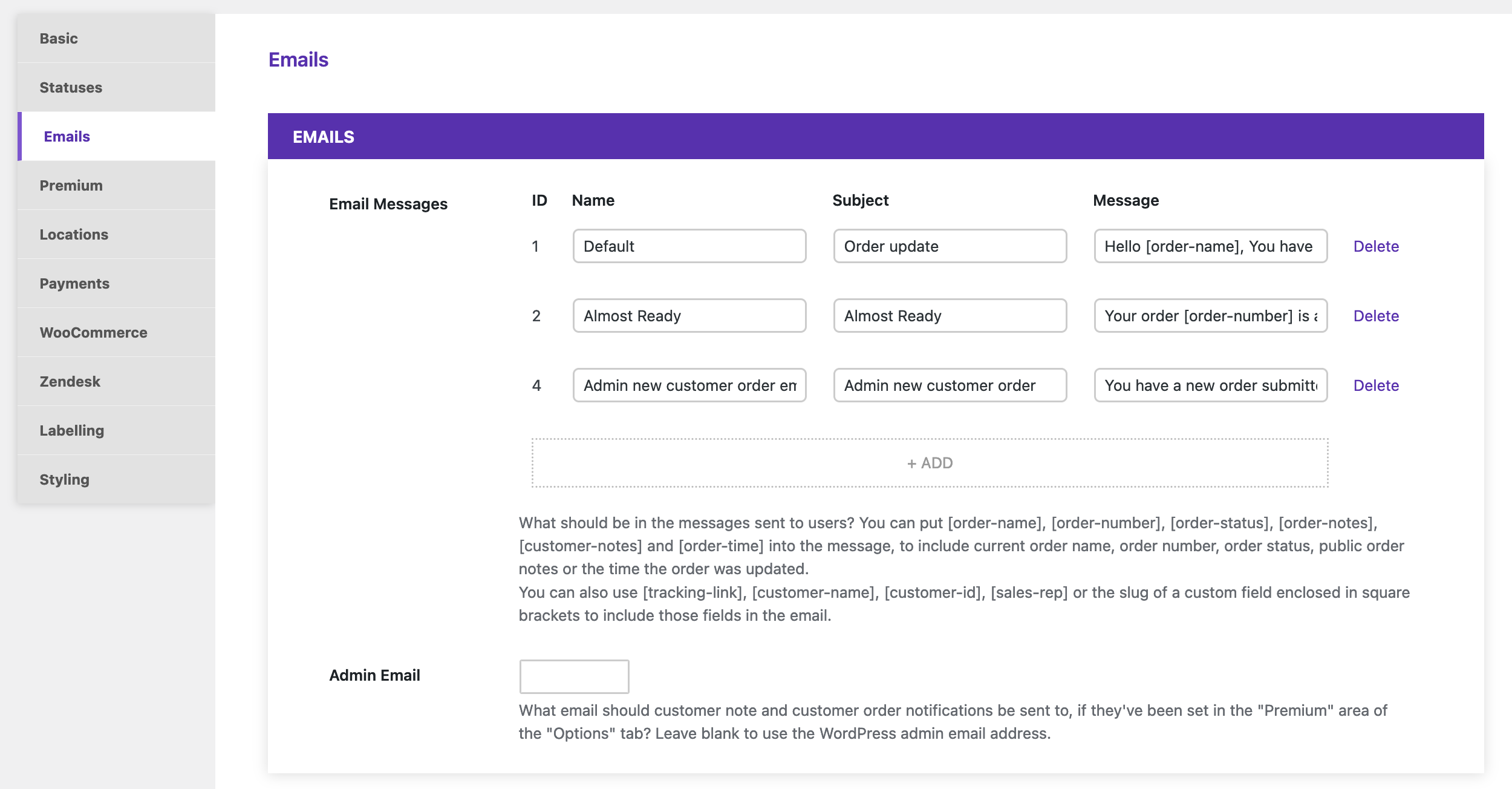 Screenshot of the Emails settings page