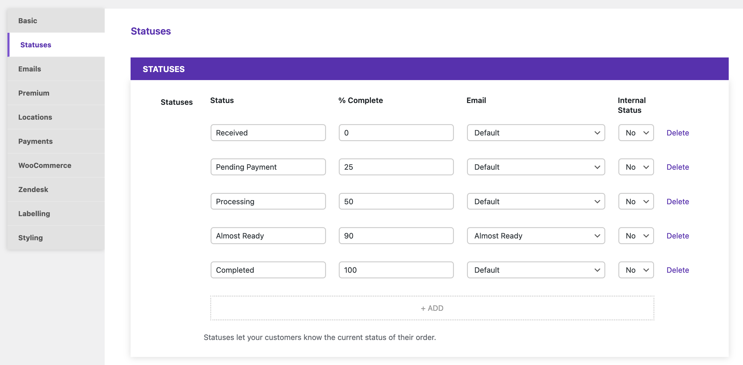 Screenshot showing Statuses admin screen