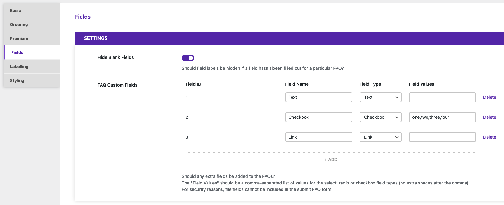 Screenshot of the Custom Fields settings