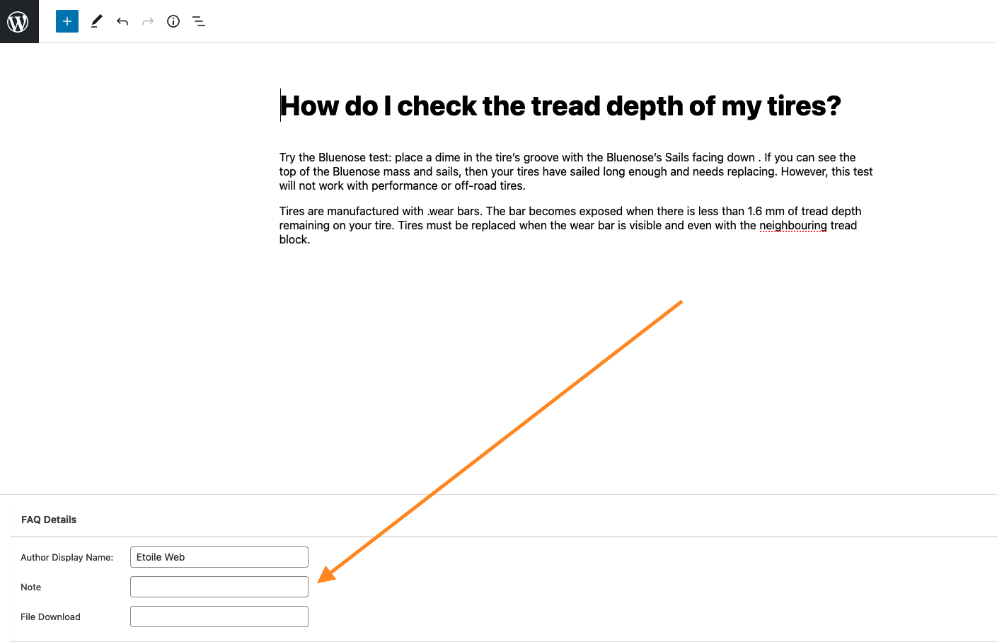 Screenshot of the Custom Fields tab on FAQ edit screen