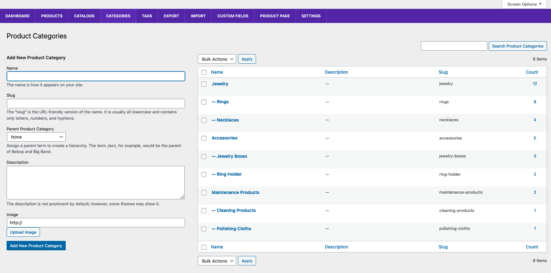 Screenshot showing Ultimate Product Catalog Categories tab