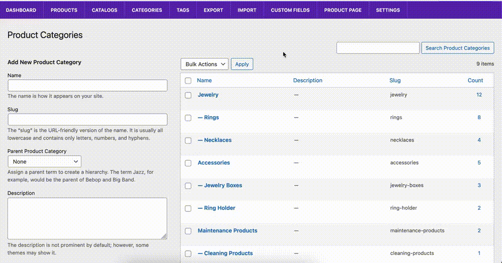 Gif showing how to re-order categories